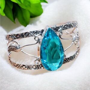 Large Faceted Blue Topaz Silver Cuff Bracelet